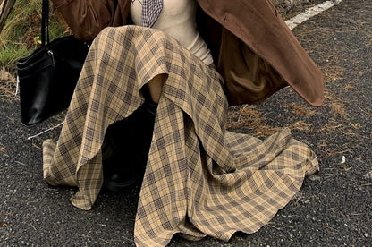 Notch Lapel Plain Faux Suede Single Breasted Blazer / Long Sleeve Scoop Neck Lettering Embroidered T-Shirt / High Rise Plaid Tassel Asymmetrical Maxi A-Line Skirt / Scarf / Set