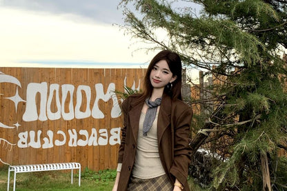 Notch Lapel Plain Faux Suede Single Breasted Blazer / Long Sleeve Scoop Neck Lettering Embroidered T-Shirt / High Rise Plaid Tassel Asymmetrical Maxi A-Line Skirt / Scarf / Set