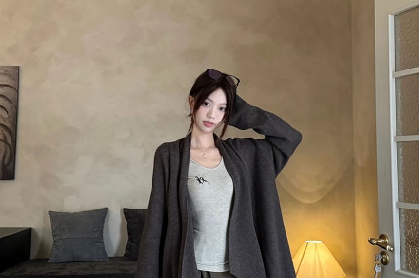 Long Sleeve Scoop Neck Lettering Embroidered Tee / Plain Open Front Cardigan / High Waist Plain Wide Leg Pants / Set