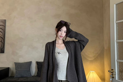 Long Sleeve Scoop Neck Lettering Embroidered Tee / Plain Open Front Cardigan / High Waist Plain Wide Leg Pants / Set