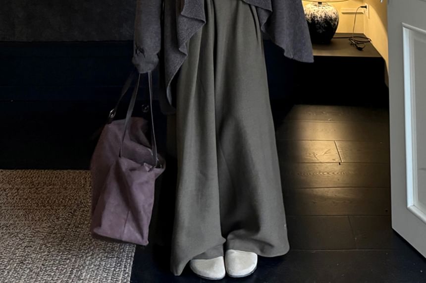 Long Sleeve Scoop Neck Lettering Embroidered Tee / Plain Open Front Cardigan / High Waist Plain Wide Leg Pants / Set