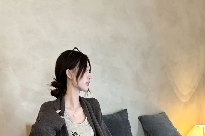 Long Sleeve Scoop Neck Lettering Embroidered Tee / Plain Open Front Cardigan / High Waist Plain Wide Leg Pants / Set