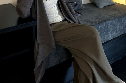 Long Sleeve Scoop Neck Lettering Embroidered Tee / Plain Open Front Cardigan / High Waist Plain Wide Leg Pants / Set