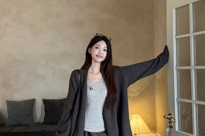 Long Sleeve Scoop Neck Lettering Embroidered Tee / Plain Open Front Cardigan / High Waist Plain Wide Leg Pants / Set