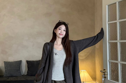 Long Sleeve Scoop Neck Lettering Embroidered Tee / Plain Open Front Cardigan / High Waist Plain Wide Leg Pants / Set