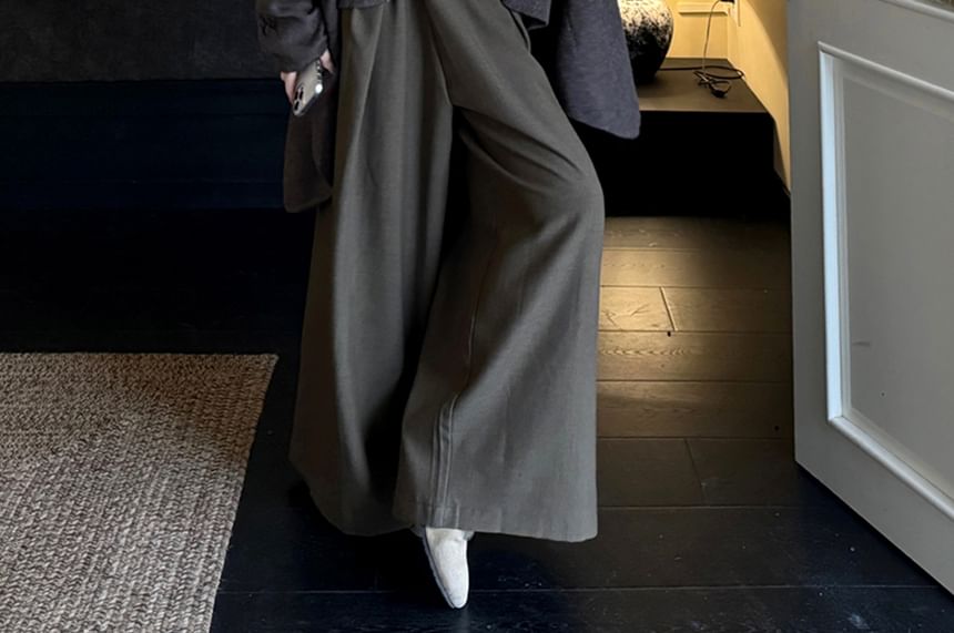 Long Sleeve Scoop Neck Lettering Embroidered Tee / Plain Open Front Cardigan / High Waist Plain Wide Leg Pants / Set