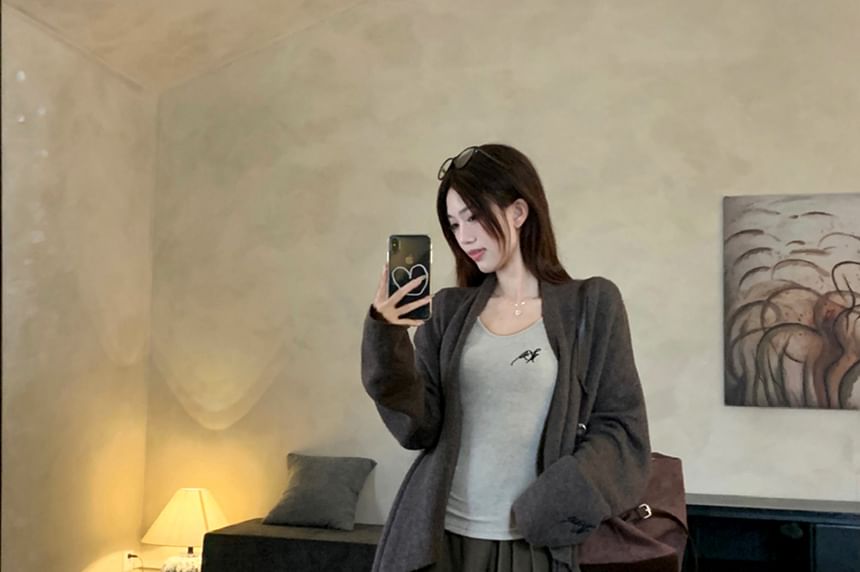 Long Sleeve Scoop Neck Lettering Embroidered Tee / Plain Open Front Cardigan / High Waist Plain Wide Leg Pants / Set