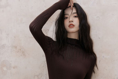 Long Sleeve Mock Neck Plain Ribbed Knit Top / V-Neck Floral Embroidered Button Vest / High Rise Plain Lace Maxi A-Line Skirt / Set