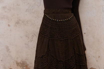 Long Sleeve Mock Neck Plain Ribbed Knit Top / V-Neck Floral Embroidered Button Vest / High Rise Plain Lace Maxi A-Line Skirt / Set