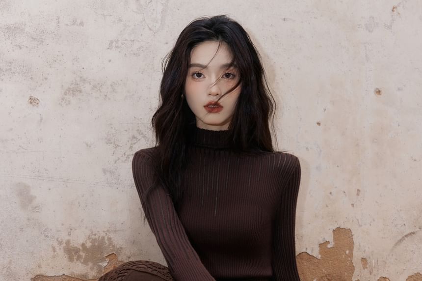 Long Sleeve Mock Neck Plain Ribbed Knit Top / V-Neck Floral Embroidered Button Vest / High Rise Plain Lace Maxi A-Line Skirt / Set