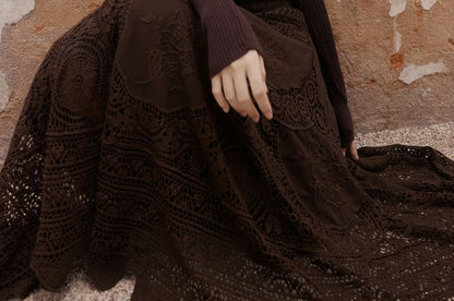 Long Sleeve Mock Neck Plain Ribbed Knit Top / V-Neck Floral Embroidered Button Vest / High Rise Plain Lace Maxi A-Line Skirt / Set