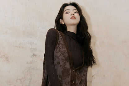 Long Sleeve Mock Neck Plain Ribbed Knit Top / V-Neck Floral Embroidered Button Vest / High Rise Plain Lace Maxi A-Line Skirt / Set