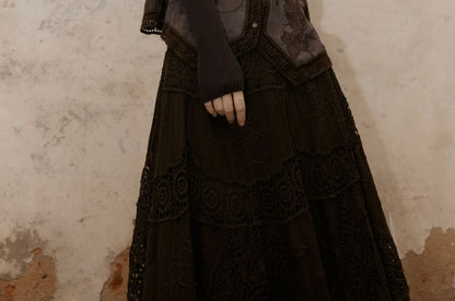 Long Sleeve Mock Neck Plain Ribbed Knit Top / V-Neck Floral Embroidered Button Vest / High Rise Plain Lace Maxi A-Line Skirt / Set