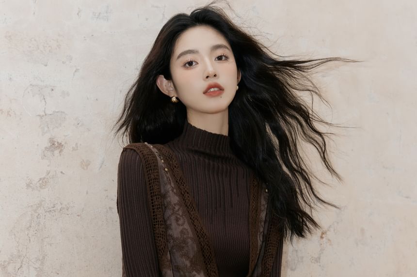 Long Sleeve Mock Neck Plain Ribbed Knit Top / V-Neck Floral Embroidered Button Vest / High Rise Plain Lace Maxi A-Line Skirt / Set