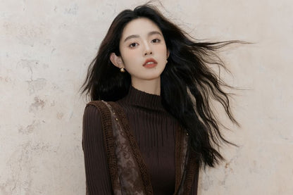 Long Sleeve Mock Neck Plain Ribbed Knit Top / V-Neck Floral Embroidered Button Vest / High Rise Plain Lace Maxi A-Line Skirt / Set