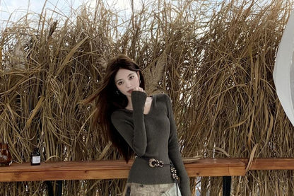 Long Sleeve V-Neck Plain Hood Ribbed Knit Top / High Waist Patterned Print High-Low A-Line Skirt / Belt / Set