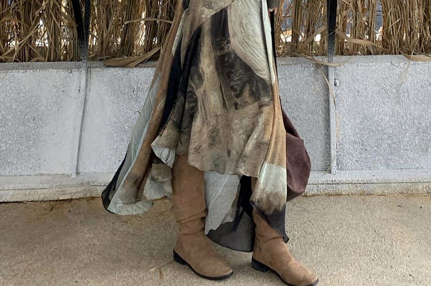 Long Sleeve V-Neck Plain Hood Ribbed Knit Top / High Waist Patterned Print High-Low A-Line Skirt / Belt / Set