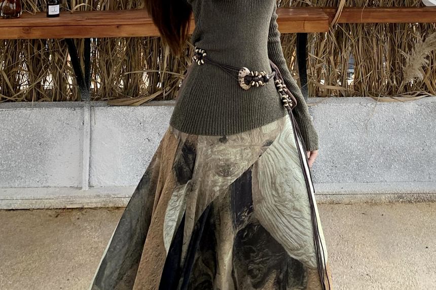 Long Sleeve V-Neck Plain Hood Ribbed Knit Top / High Waist Patterned Print High-Low A-Line Skirt / Belt / Set