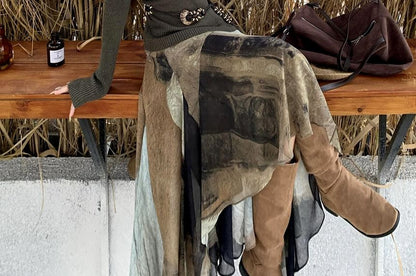 Long Sleeve V-Neck Plain Hood Ribbed Knit Top / High Waist Patterned Print High-Low A-Line Skirt / Belt / Set