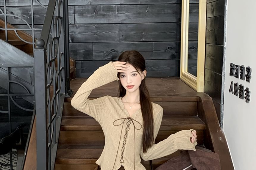 Long Sleeve V-Neck Plain Lettuce Edge Lace Up Top / High Waist Plain Faux Suede Maxi A-Line Skirt / Set