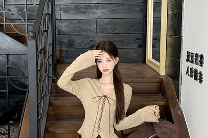 Long Sleeve V-Neck Plain Lettuce Edge Lace Up Top / High Waist Plain Faux Suede Maxi A-Line Skirt / Set