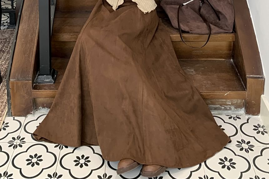 Long Sleeve V-Neck Plain Lettuce Edge Lace Up Top / High Waist Plain Faux Suede Maxi A-Line Skirt / Set