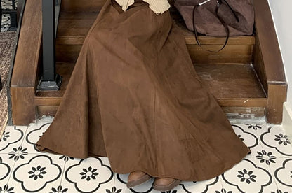 Long Sleeve V-Neck Plain Lettuce Edge Lace Up Top / High Waist Plain Faux Suede Maxi A-Line Skirt / Set