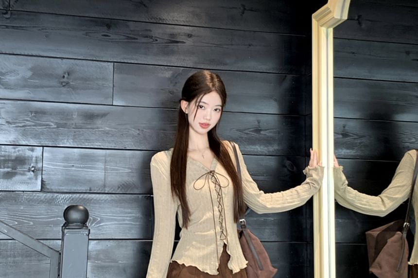 Long Sleeve V-Neck Plain Lettuce Edge Lace Up Top / High Waist Plain Faux Suede Maxi A-Line Skirt / Set