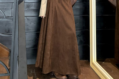 Long Sleeve V-Neck Plain Lettuce Edge Lace Up Top / High Waist Plain Faux Suede Maxi A-Line Skirt / Set