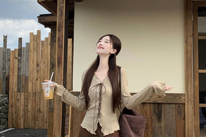 Long Sleeve V-Neck Plain Lettuce Edge Lace Up Top / High Waist Plain Faux Suede Maxi A-Line Skirt / Set