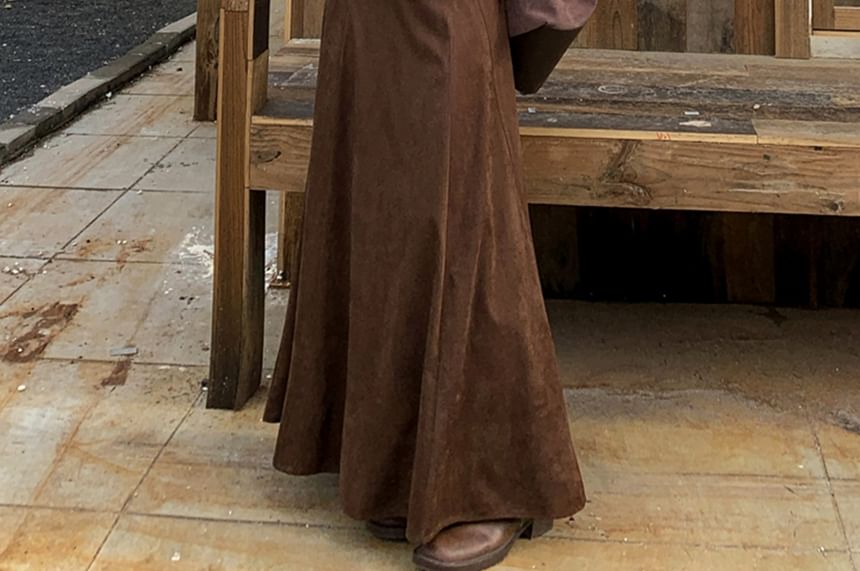 Long Sleeve V-Neck Plain Lettuce Edge Lace Up Top / High Waist Plain Faux Suede Maxi A-Line Skirt / Set