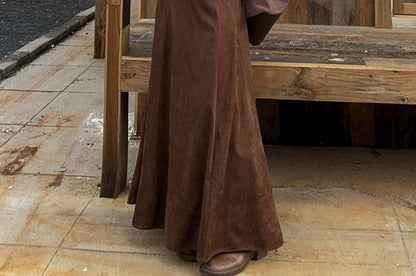 Long Sleeve V-Neck Plain Lettuce Edge Lace Up Top / High Waist Plain Faux Suede Maxi A-Line Skirt / Set