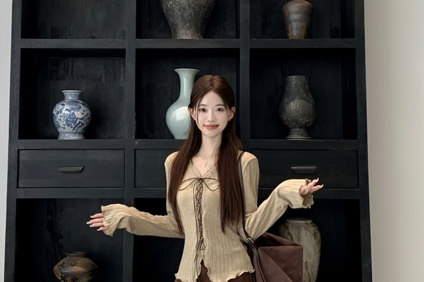 Long Sleeve V-Neck Plain Lettuce Edge Lace Up Top / High Waist Plain Faux Suede Maxi A-Line Skirt / Set