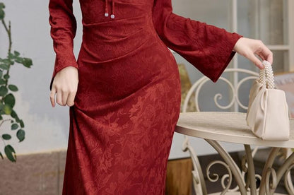 Long Sleeve Mandarin Collar Keyhole Tie-Up Jacquard Maxi Sheath Dress