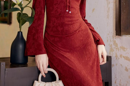 Long Sleeve Mandarin Collar Keyhole Tie-Up Jacquard Maxi Sheath Dress