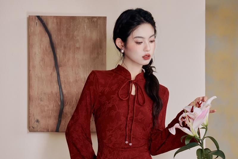 Long Sleeve Mandarin Collar Keyhole Tie-Up Jacquard Maxi Sheath Dress