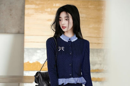 Mock Neck Plaid Ruffle Trim Beaded Cardigan / Brooch / High Waist Plain Maxi A-Line Skirt / Set