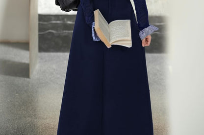 Mock Neck Plaid Ruffle Trim Beaded Cardigan / Brooch / High Waist Plain Maxi A-Line Skirt / Set