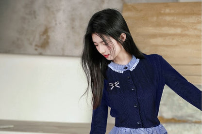 Mock Neck Plaid Ruffle Trim Beaded Cardigan / Brooch / High Waist Plain Maxi A-Line Skirt / Set