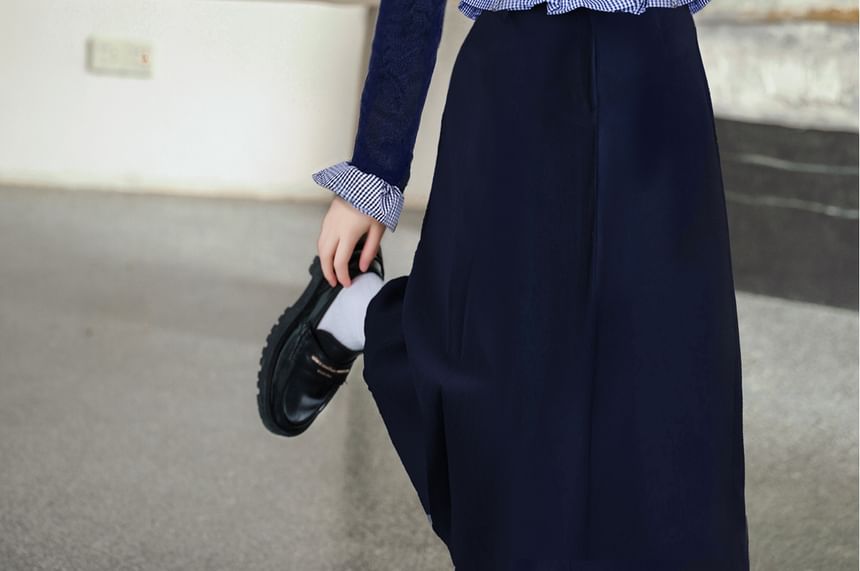 Mock Neck Plaid Ruffle Trim Beaded Cardigan / Brooch / High Waist Plain Maxi A-Line Skirt / Set