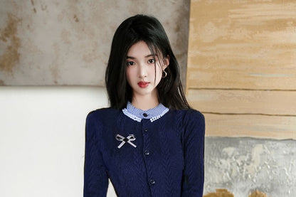 Mock Neck Plaid Ruffle Trim Beaded Cardigan / Brooch / High Waist Plain Maxi A-Line Skirt / Set