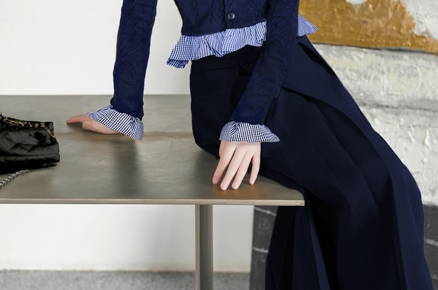 Mock Neck Plaid Ruffle Trim Beaded Cardigan / Brooch / High Waist Plain Maxi A-Line Skirt / Set