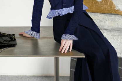 Mock Neck Plaid Ruffle Trim Beaded Cardigan / Brooch / High Waist Plain Maxi A-Line Skirt / Set