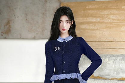 Mock Neck Plaid Ruffle Trim Beaded Cardigan / Brooch / High Waist Plain Maxi A-Line Skirt / Set