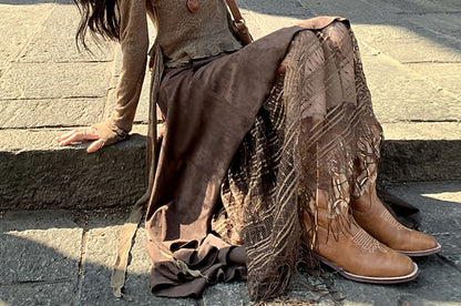 Long Sleeve Halter Ruffle Tiered Mock Two Piece Top / High Rise Plaid Panel Asymmetrical Midi A-Line Skirt / Set