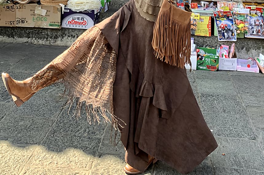 Long Sleeve Halter Ruffle Tiered Mock Two Piece Top / High Rise Plaid Panel Asymmetrical Midi A-Line Skirt / Set