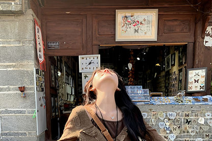 Long Sleeve Halter Ruffle Tiered Mock Two Piece Top / High Rise Plaid Panel Asymmetrical Midi A-Line Skirt / Set