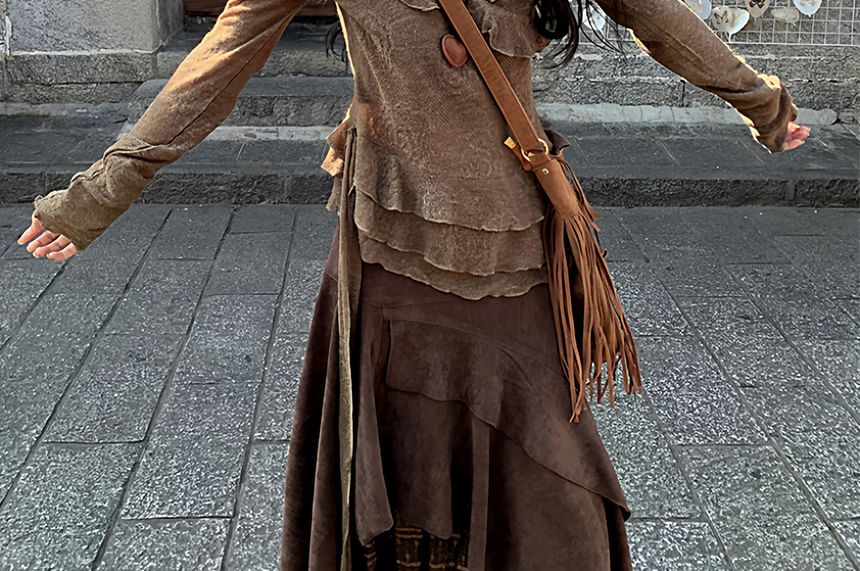 Long Sleeve Halter Ruffle Tiered Mock Two Piece Top / High Rise Plaid Panel Asymmetrical Midi A-Line Skirt / Set