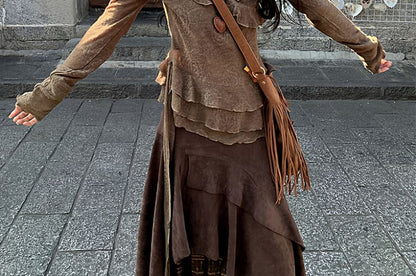 Long Sleeve Halter Ruffle Tiered Mock Two Piece Top / High Rise Plaid Panel Asymmetrical Midi A-Line Skirt / Set