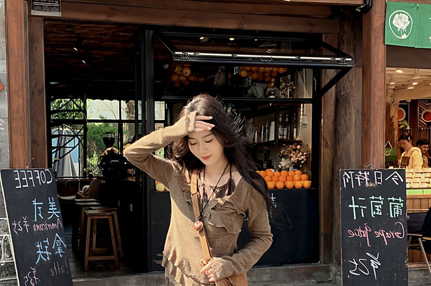 Long Sleeve Halter Ruffle Tiered Mock Two Piece Top / High Rise Plaid Panel Asymmetrical Midi A-Line Skirt / Set